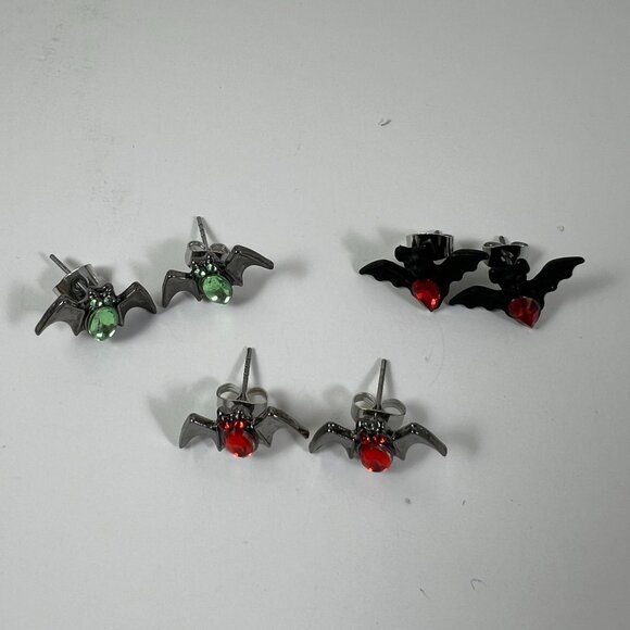 Jewelry - Bat-Themed Stud Earrings Set Of 3 With Green & Red Gemstones Metal & Enamel Hall